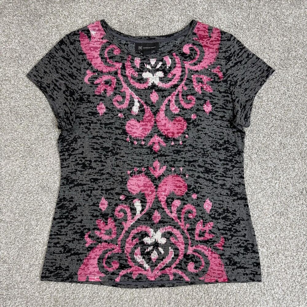 INC International Concept Shirt Womens XL Gray Burnout Floral Rhinestone Tee Y2K